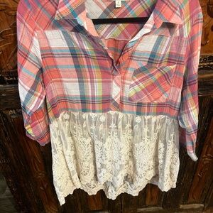 Colorful Plaid Blouse with Lace Detail
